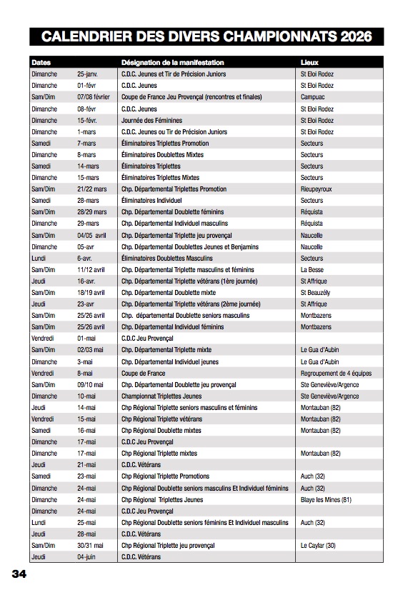 Calendrier Championnats 2